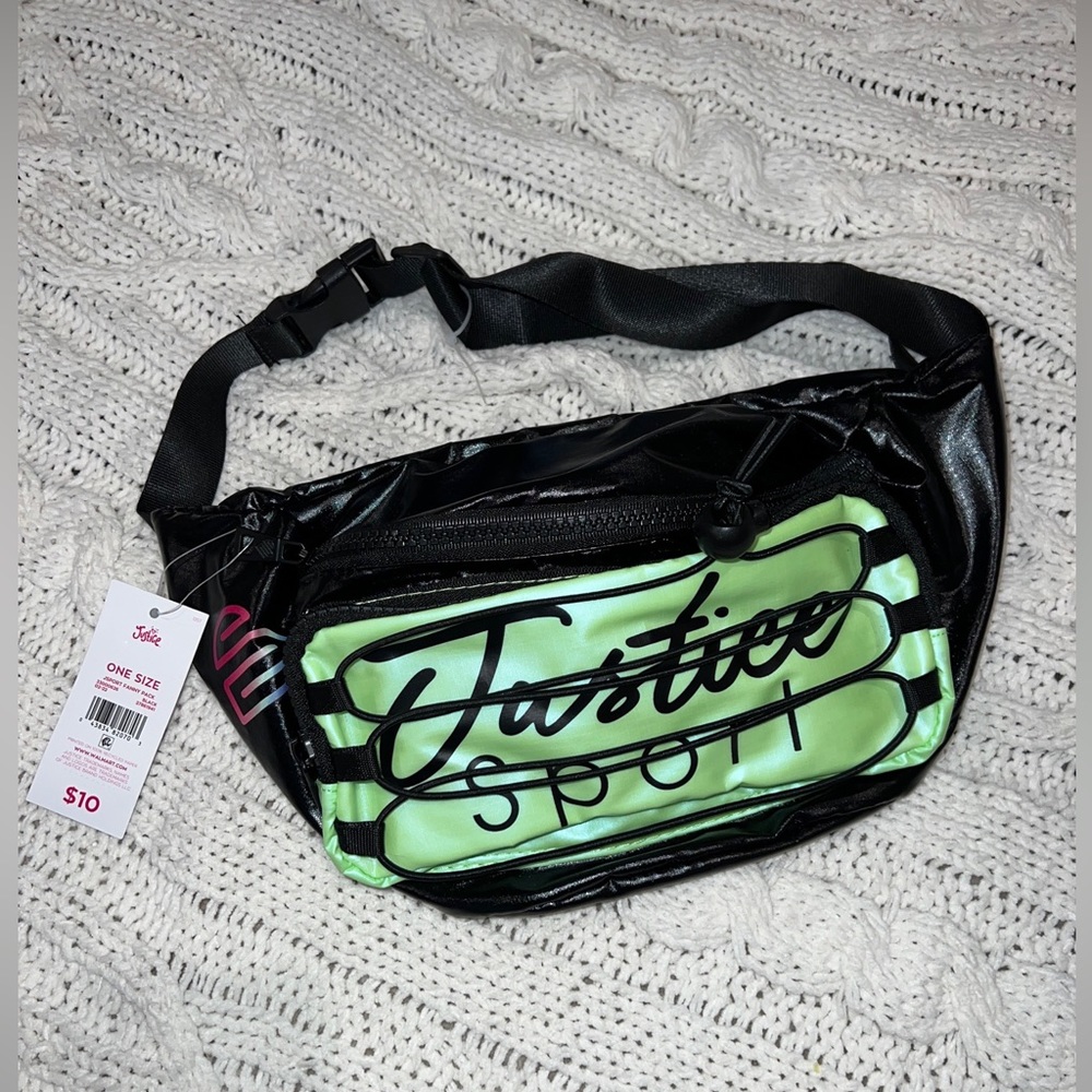 Justice sport girls green and black nylon fanny pack belt bag one size NWT